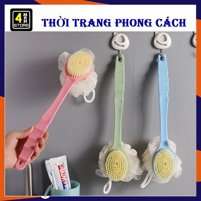 Cây cọ lưng tắm 2 đầu - cọ kì lưng 2in1 đầu bông vải lưới và lông bàn chải tiện lợi