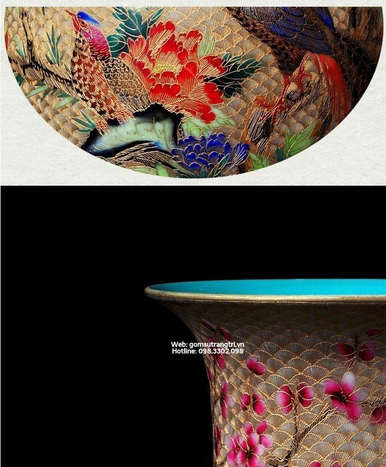 Bình Vẽ Tay Chim Trĩ - Hoa Mẫu Đơn