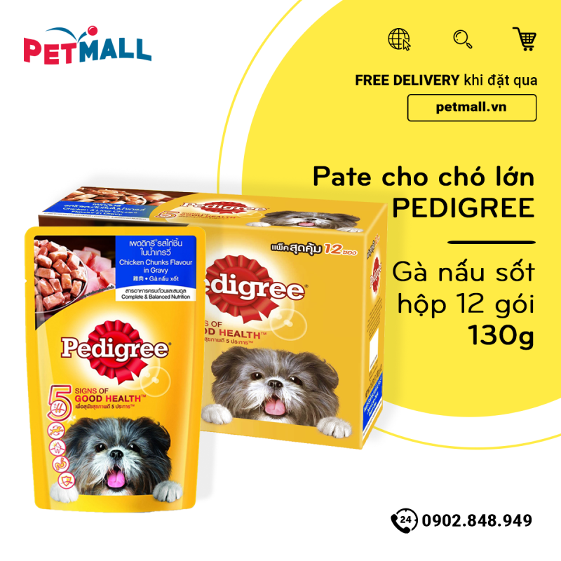 Pate cho chó lớn PEDIGREE 130g - vị Gà nấu sốt hộp 12 gói