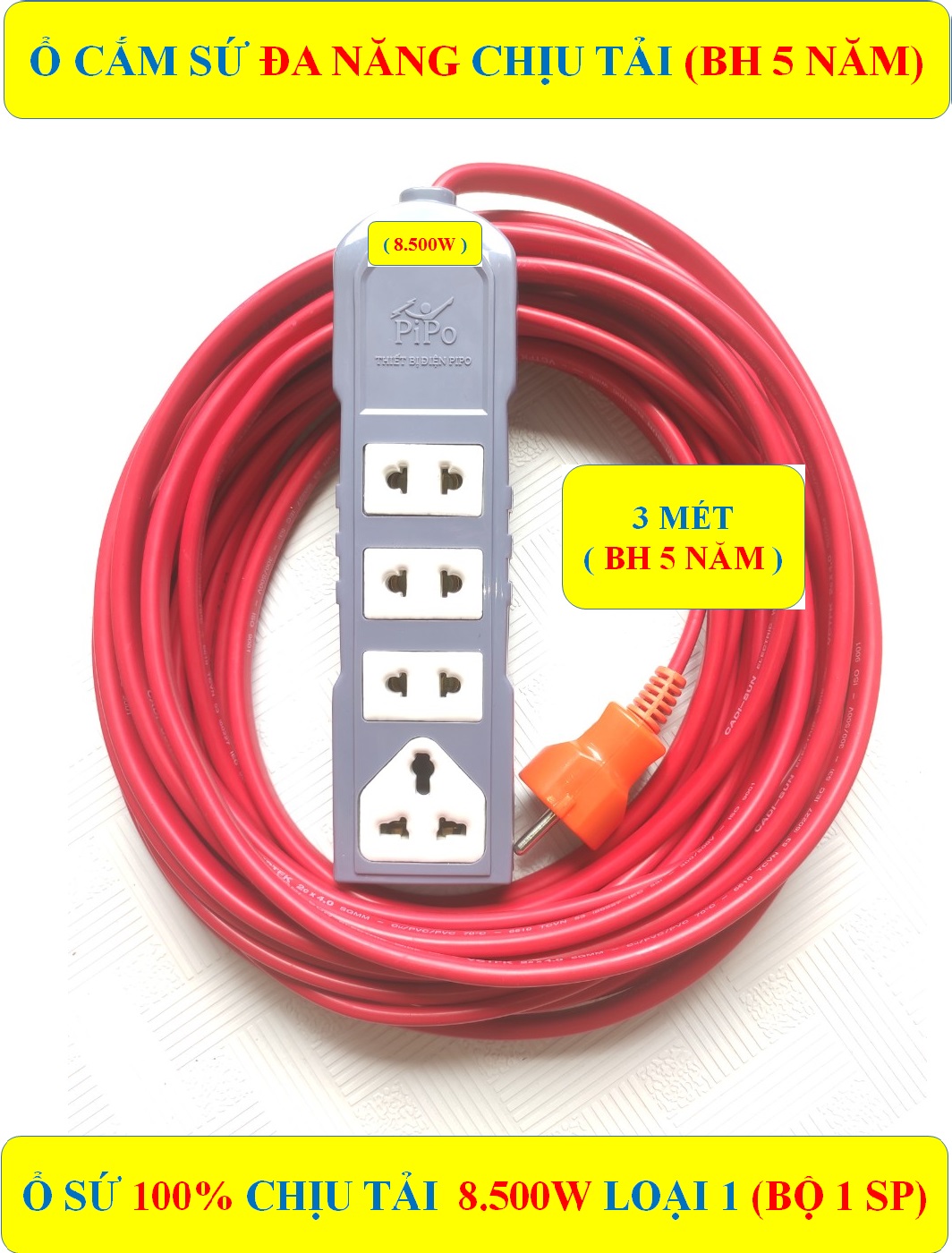 Ổ cắm điện CHỊU TẢI CAO 8.500W đa năng CAO CẤP + Dây 3 MÉT + (BH 5 NĂM) HÀNG LOẠI 1 CAO CẤP + 4 Ổ cắm SỨ 100% chịu tải, chịu nhiệt (bộ 1 sản phẩm)