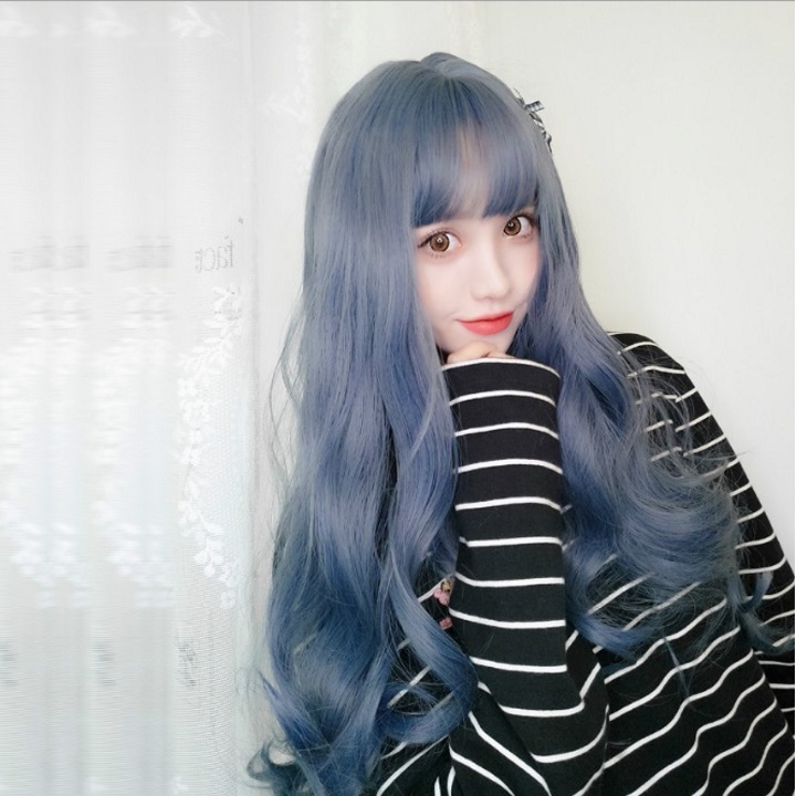 Tóc giả nữ nguyên đầu,tóc giả nữ cao cấp làm bằng tơ mềm mượt như tóc thật (màu xám xanh) + tặng kèm lưới