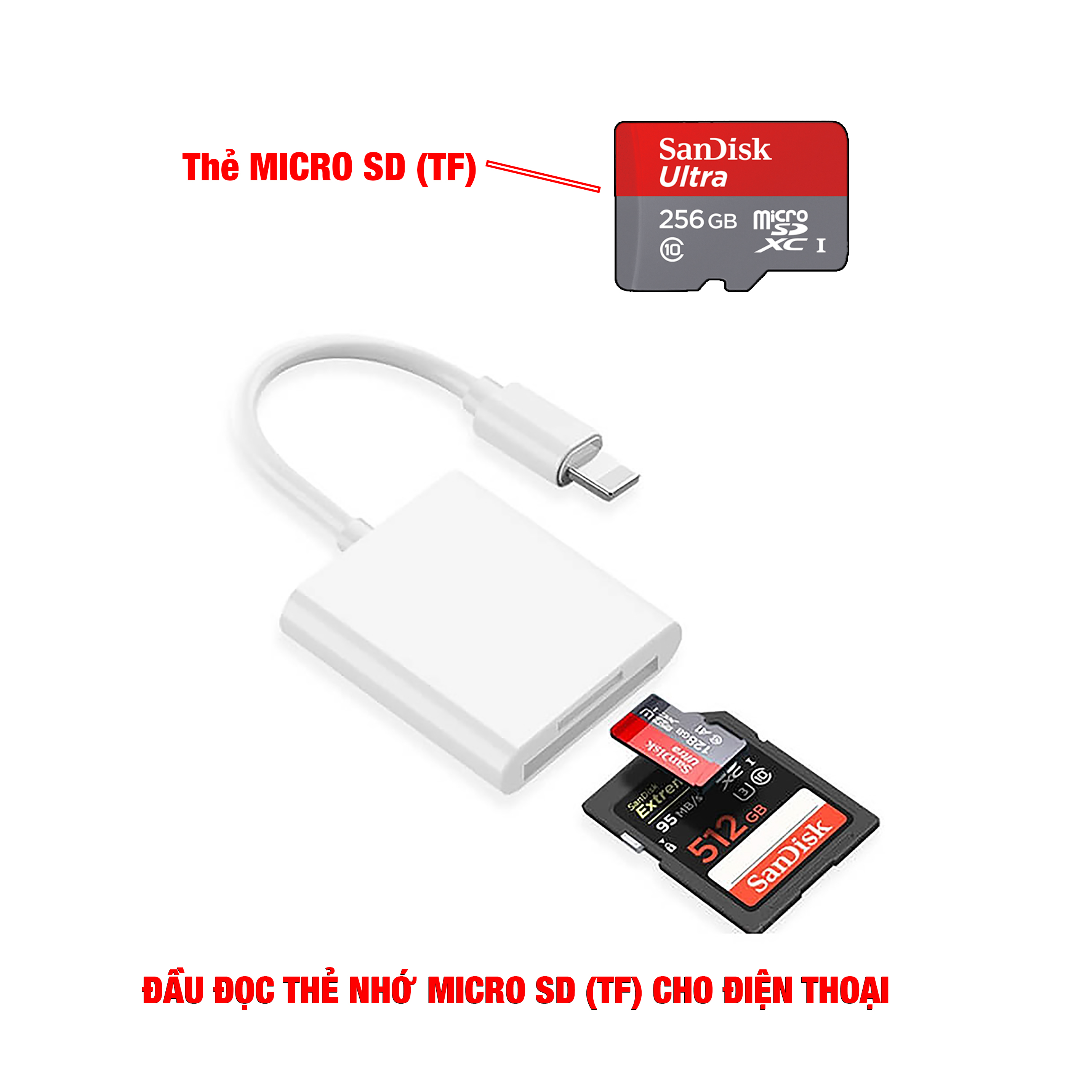 Đầu đọc thẻ nhớ Micro SD (TF), SD cho điện thoại Android Type C và IP "táo"