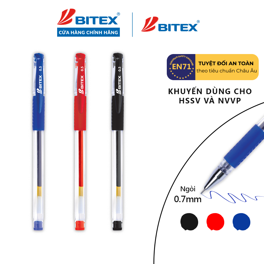 Bút gel Bitex mực xanh, đỏ, đen G02 (1 cây)