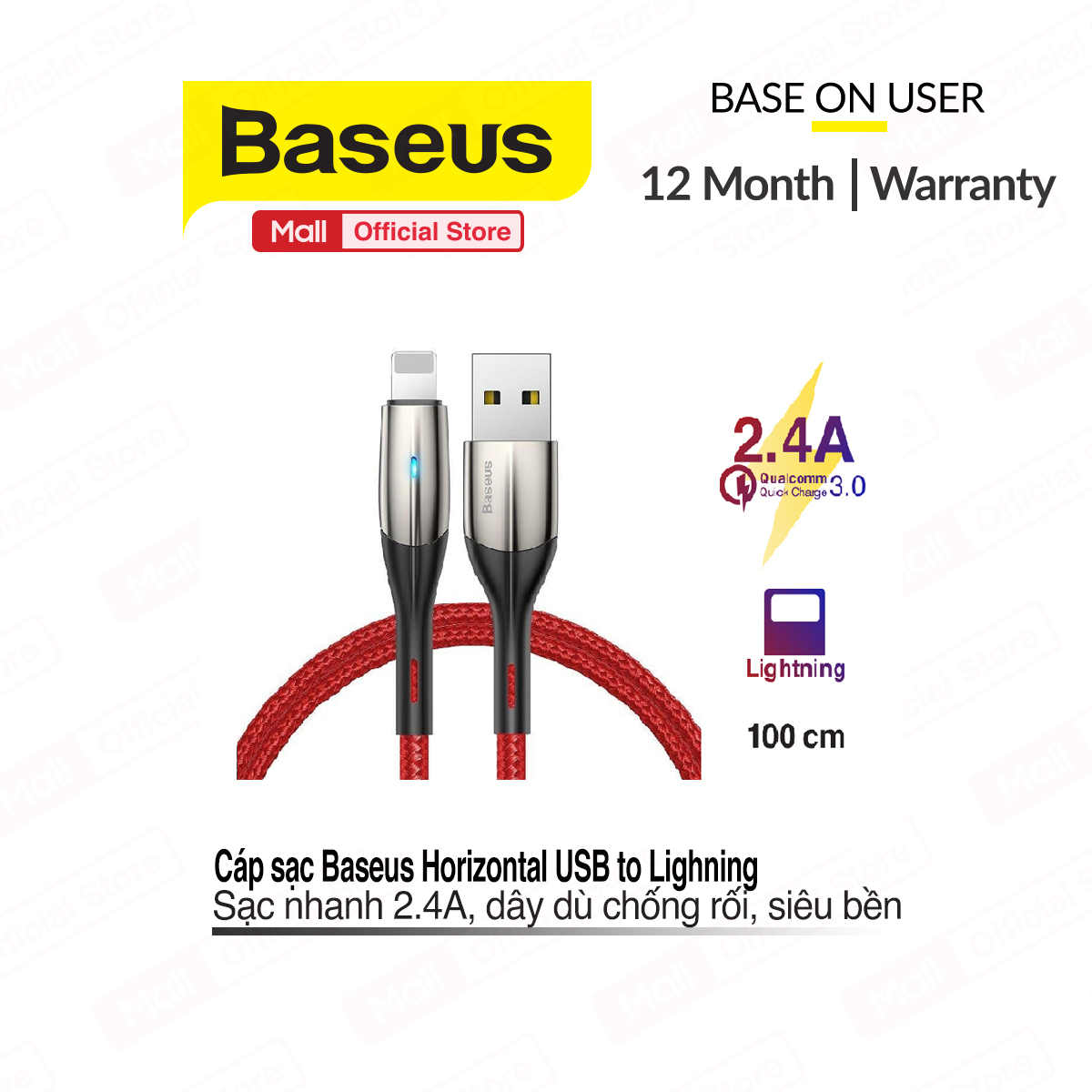 Cáp sạc và truyền dữ liệu tốc độ cao Lightning cho iPhone/ iPad iPad Pro iPhone 11 Pro max Baseus Horizontal ( sạc nhanh 2.4A LED báo sạc ) dây siêu bền