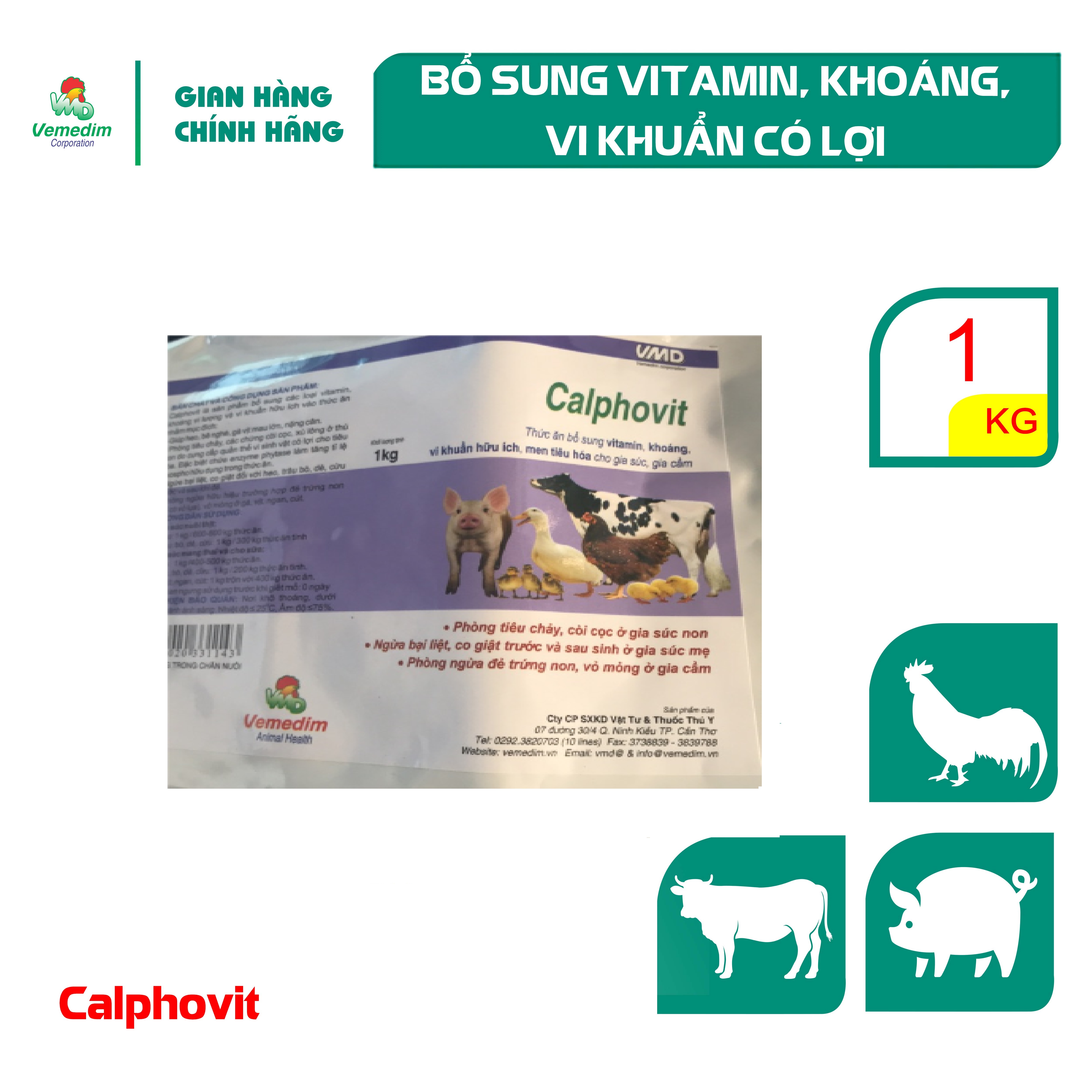 "Hoàn tiền đến 10%" Vemedim Calphovit Thức ăn bổ sung vitamin, khoáng, men tiêu hóa cho gia súc, gia cầm, gói 1kg