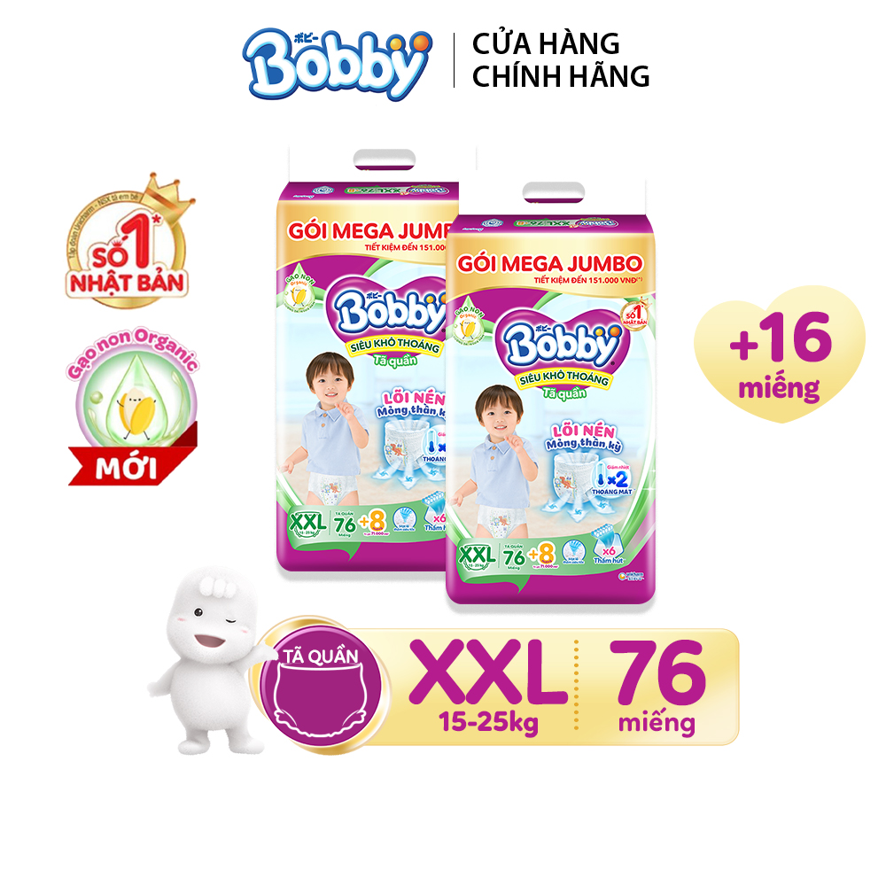 Combo 2 gói Tã quần Bobby Mega Jumbo Gạo non 3mm M112/L96/XL84/XXL76