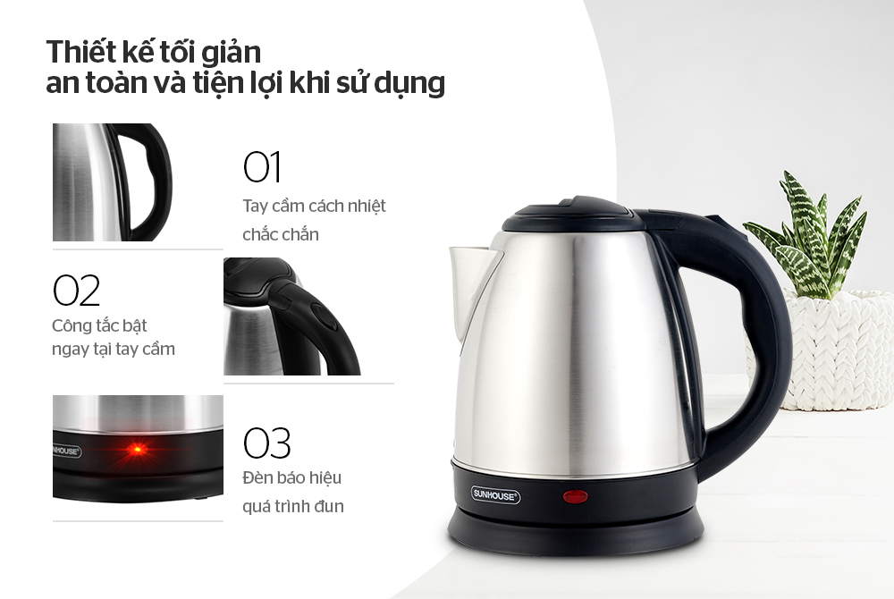 Ấm Siêu Tốc Inox 1.8L - Bình Đun Siêu Tốc Sunhouse