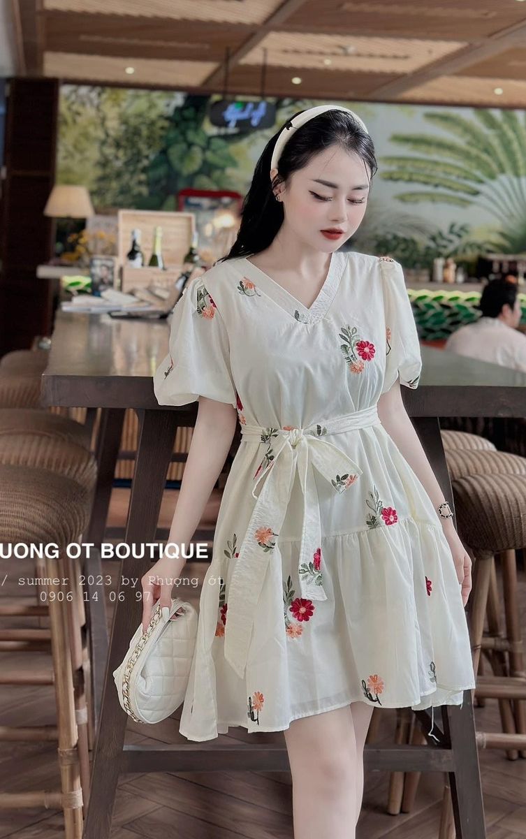 Áy Babydoll hoa dáng xòe cổ V cột eo, Đầm hoa nhí thiết kế Hàn Quốc Chất liệu cotton mát gb298493