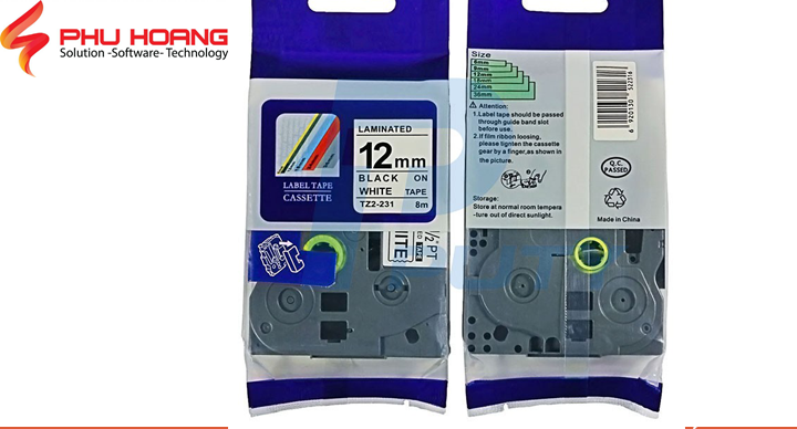 Nhãn in TZ2-FX231, Khổ rộng 12mm, chữ đen nền trắng, siêu dẻo, đa lớp, bám dính cao, sử dụng cho máy in nhãn Brother Ptouch, Phu Hoang Company