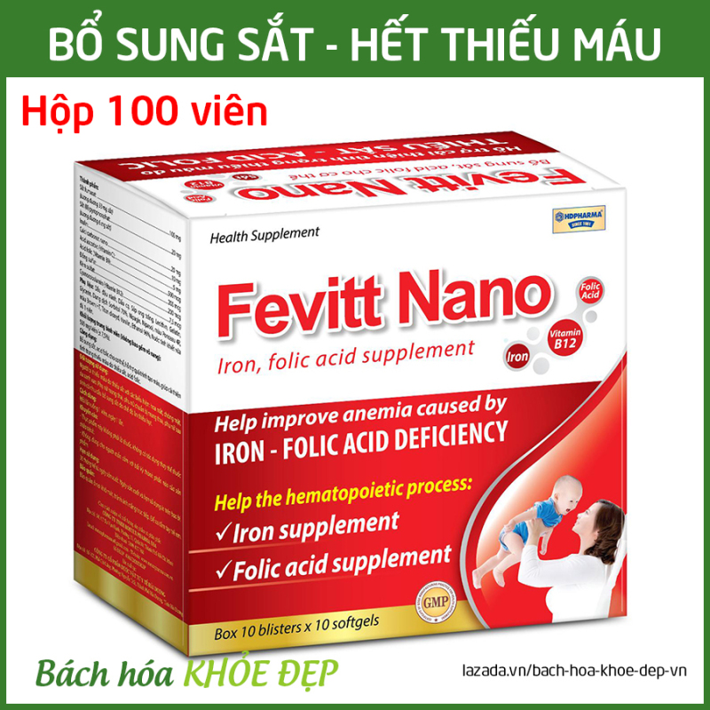 Viên uống Fevitt Nano bổ sung Sắt, Acid Folic cho người thiếu máu não, phụ nữ mang thai và sau sinh - Hộp 100 viên dùng 100 ngày nhập khẩu