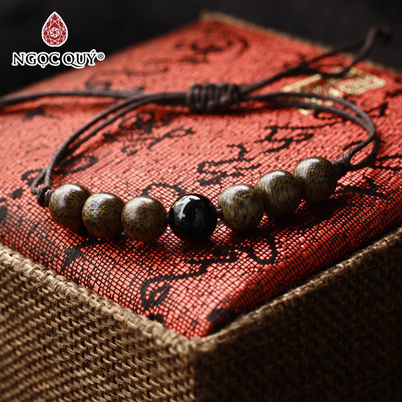 [HCM]Vòng trầm tốc thắt dây phối đá obsidian - Ngọc Quý Gemstones