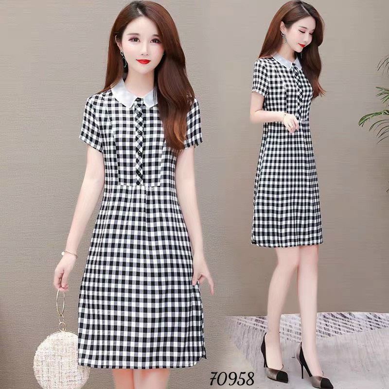 [25-27.4 Hoàn tiền 15%] ĐẦM CARO PHỐI CỔ SƠ MI THANH LỊCH CHO CÁC TIỂU THƯ-JUNA STORE 24H-HNS 0301