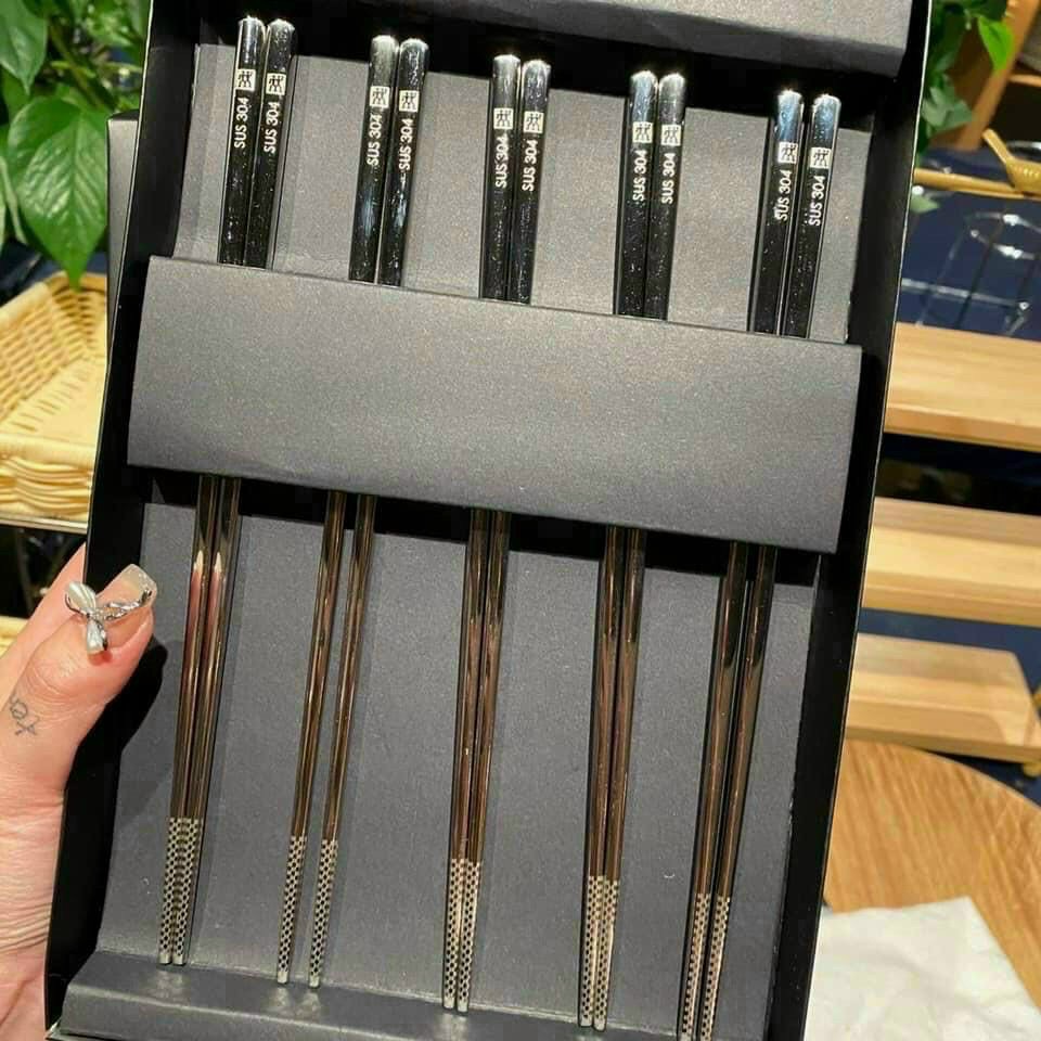 Set 5 Đôi Đũa Cao cấp Dài 25cm Chống Trơn Trượt Chất Liệu INox 304 Lõi Đặc Hàng Cao Cấp Bền Bỉ Chất Lượng