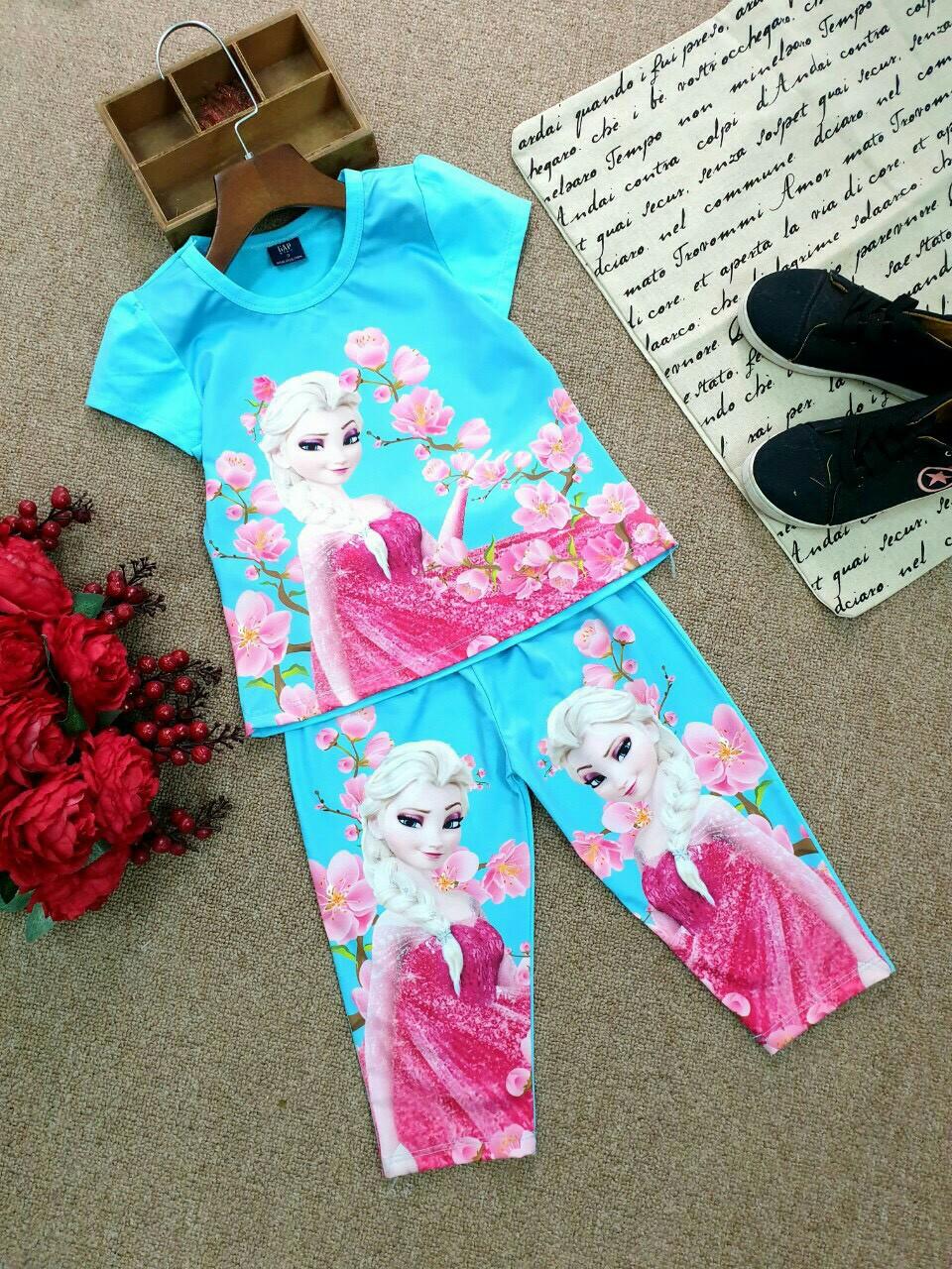 Bộ thun quần dài Elsa mặc nhà bé gái 1-7 tuổi 30kg