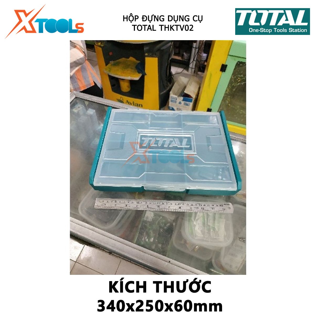 Hộp nhựa đựng dụng cụ TOTAL THKTV02 hộp đồ nghề kích thước 340x250x60mm, Có thể xếp chồng lên nhau Chất liệu nhựa PP XTOOLs, hộp đựng linh kiện