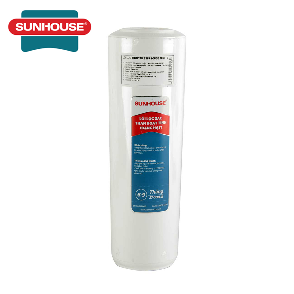 Lõi lọc Sunhouse số 2 (Carbon GAC) SHRLL2, Lõi lọc nước Sunhouse số 2, Lõi lọc nước số 2, Cấu tạo từ than hoạt tính dừa, chức năng hấp thụ mùi vị, chất hữu cơ, thuốc trừ sâu, kim loại nặng, clo dư, thời gian thay lõi 6-9 tháng