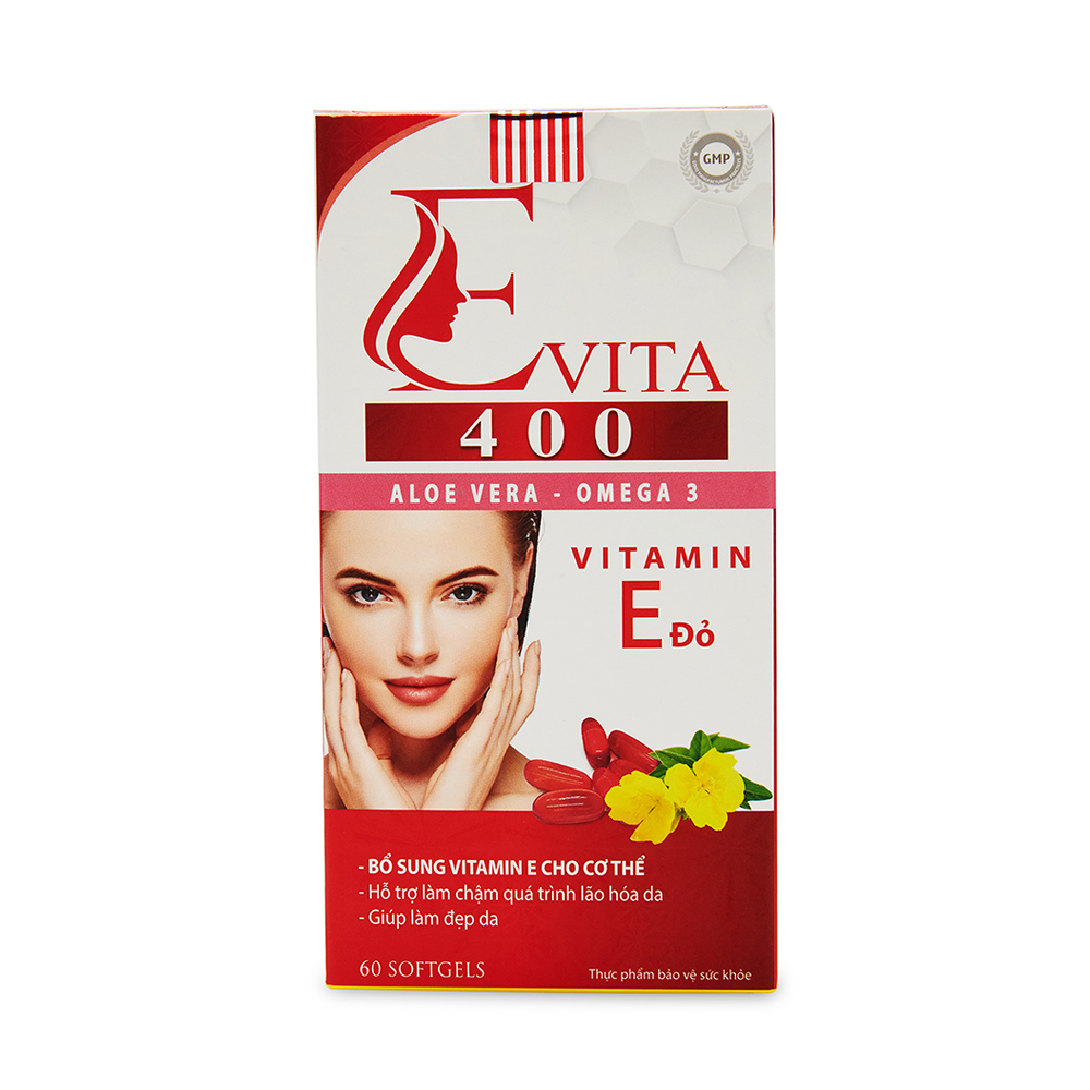Viên uống đẹp da E VITA 400 Vitamin E đỏ, Omega 3, tinh dầu lô hội giảm nám sạm da, chống lão hóa - Chai 60 viên