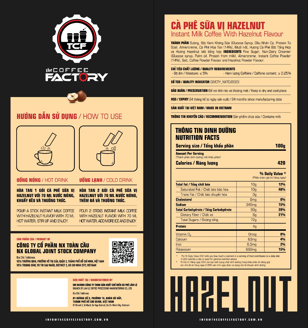 Cà phê sữa vị hazelnut hòa tan The Coffee Factory (Hộp 15 gói x 16g)