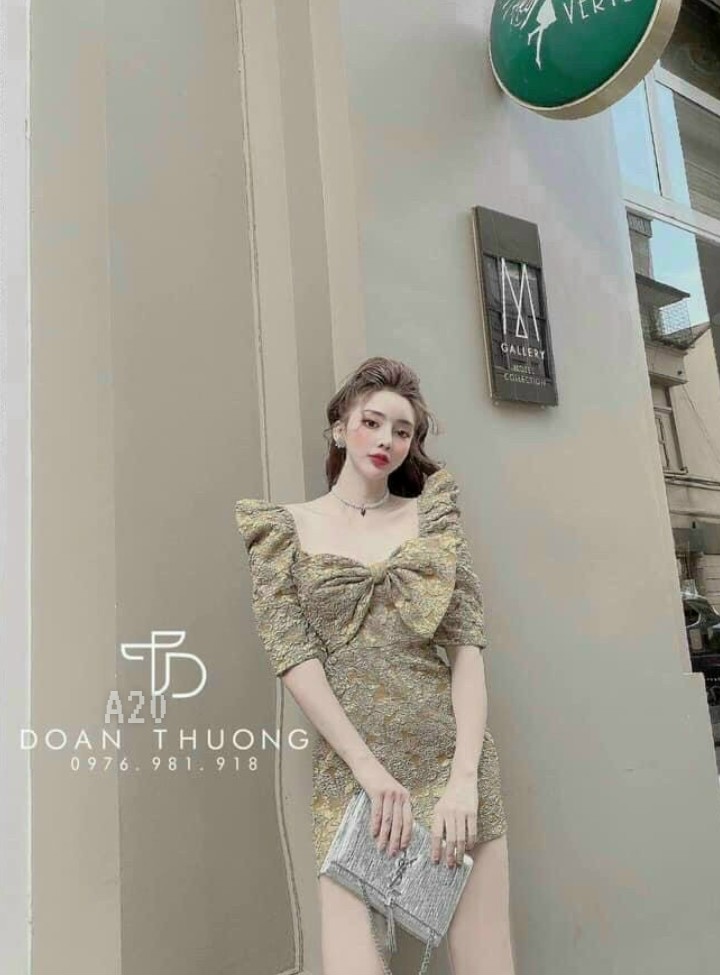 Đầm gấm nơ tay phồng-ZU#damnu