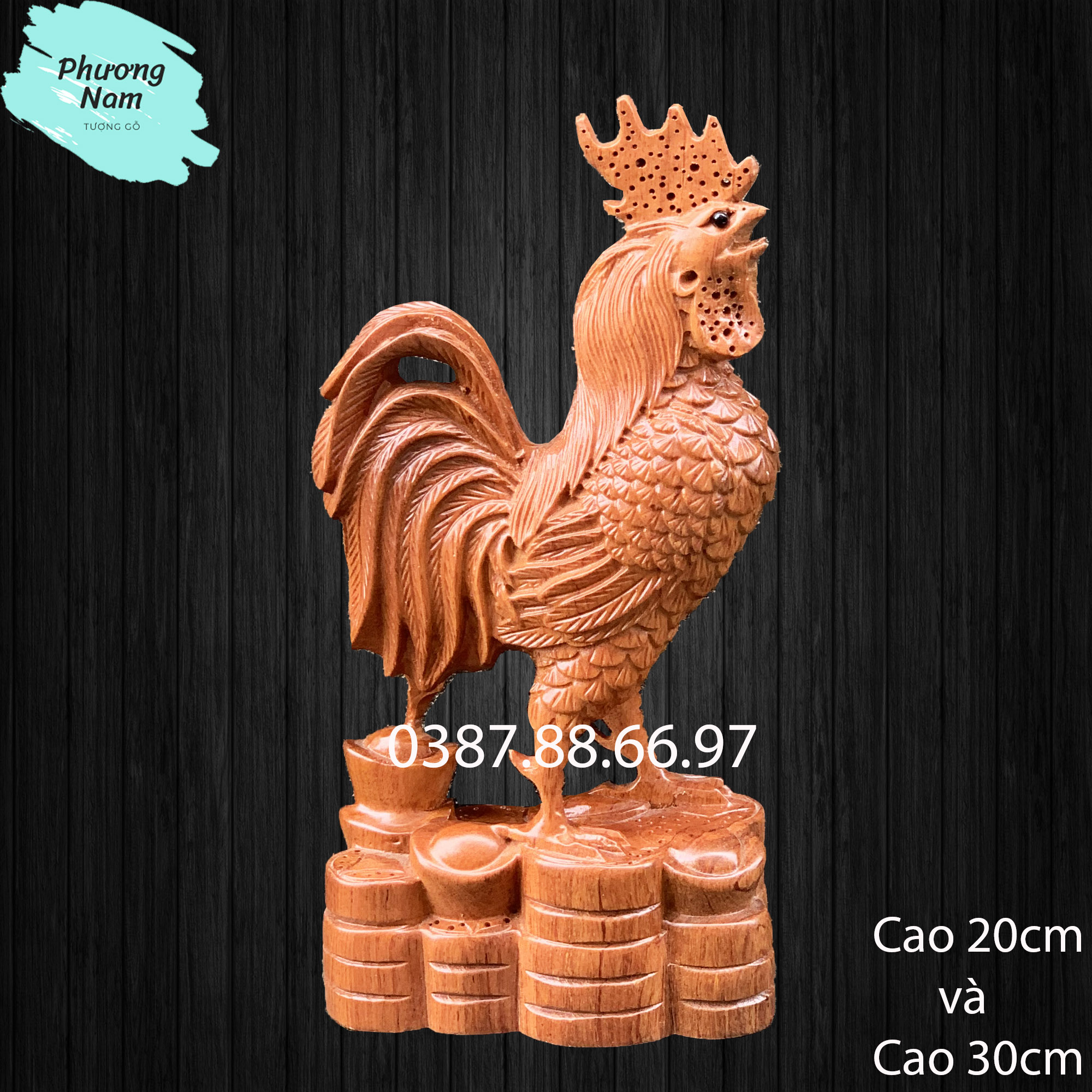 Tượng gỗ con gà trống đứng bệ vàng cao 20cm và 30cm được làm bằng gỗ hương