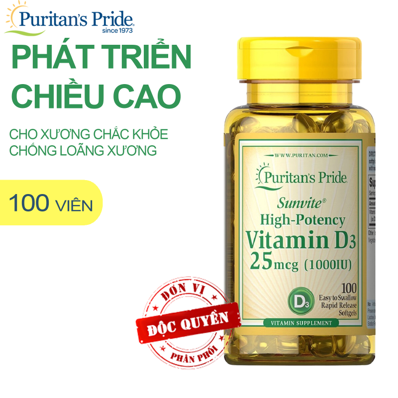 Vitamin D tăng hệ miễn dịch,chống còi xương, giúp hấp thu Canxi dùng được cho phụ nữ có thai Vitamin Mỹ Puritans Pride Sunvite High-Potency Vitamin D3 1000IU 100 viên cao cấp