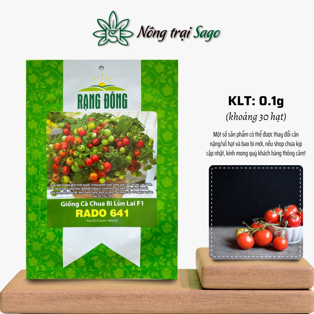 Hạt giống Cà Chua Bi Lùn Lai F1 Rado 641 (0,1g~30 hạt) chịu nhiệt tốt, thích hợp trồng chậu, dễ chăm sóc, hiệu Hạt giống Rạng Đông - Nông Trại Sago