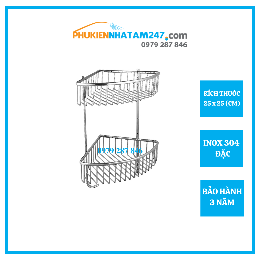 Kệ góc nhà tắm 2 tầng treo tường phát đạt inox 304, kệ để đồ xà bông, giá để xà phòng phòng tắm .