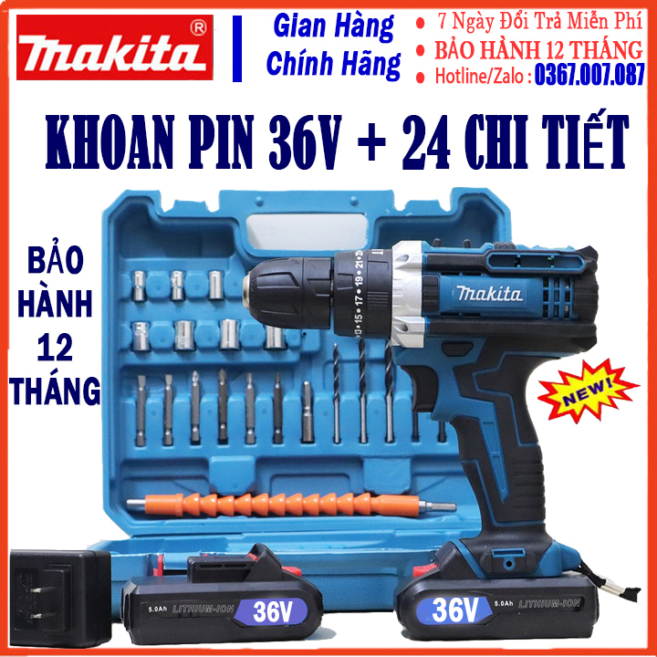 [HCM]Máy Khoan Pin Makita 36V Máy Khoan Makita  Tặng Kèm Bộ Phụ Kiện 24 Chi Tiết - Máy Khoan Pin Makita 36V Có Phụ Kiện - Lõi Đồng Có Búa - Ba Chức Năng Khoan Bắt Vít Tiện Lợi - Khoan Bê Tông Khoan Tường.