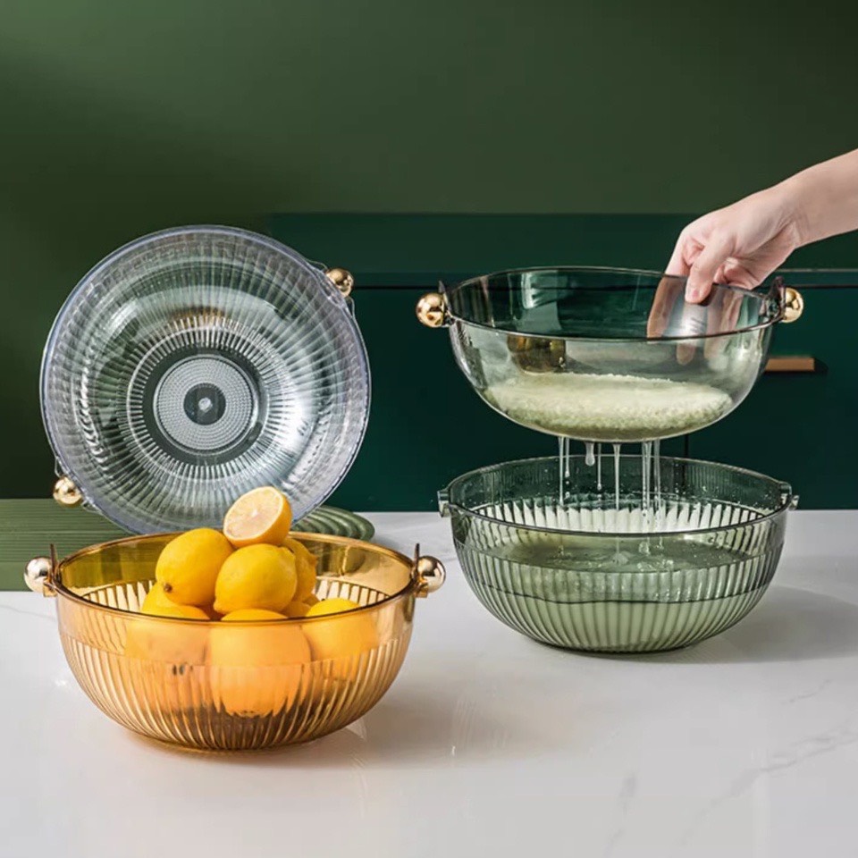 Rổ PET rửa rau củ, vo gạo khô nước 2 lớp dáng tròn núm tròn đa năng cao cấp 25.7x25.7x12.8cm, rổ nhựa, rổ kèm thau, rổ nhựa kèm thau, bộ rổ 6 món, rổ rau, rổ nhựa đựng rau, rổ 2 lớp, rổ nhựa
