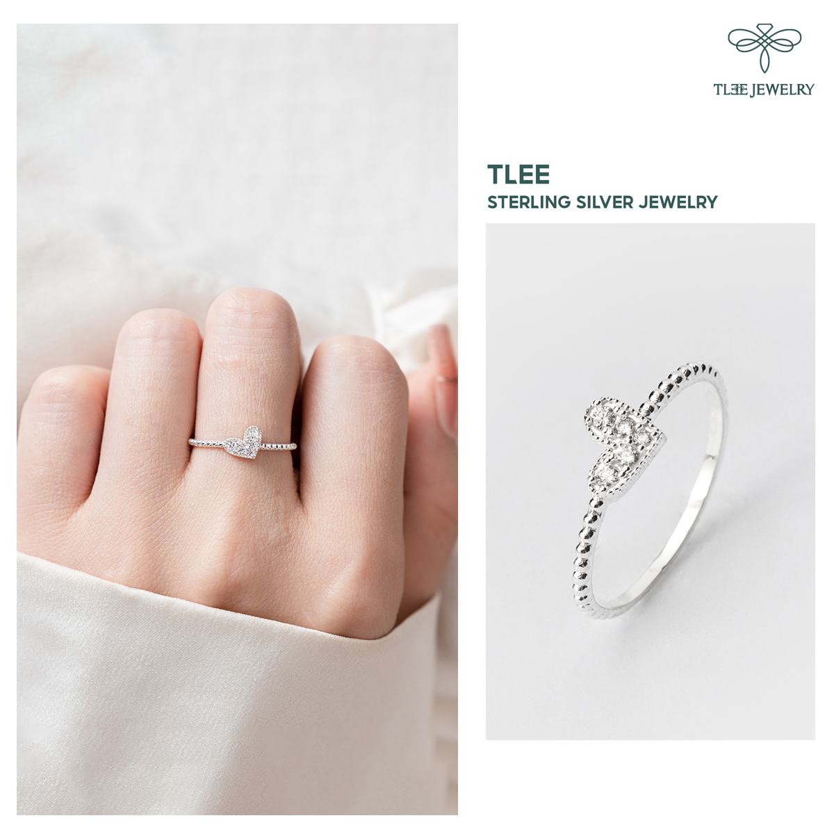 Nhẫn bạc nữ TLEE tim chéo nạm đá cao cấp TleeJewelry A0185