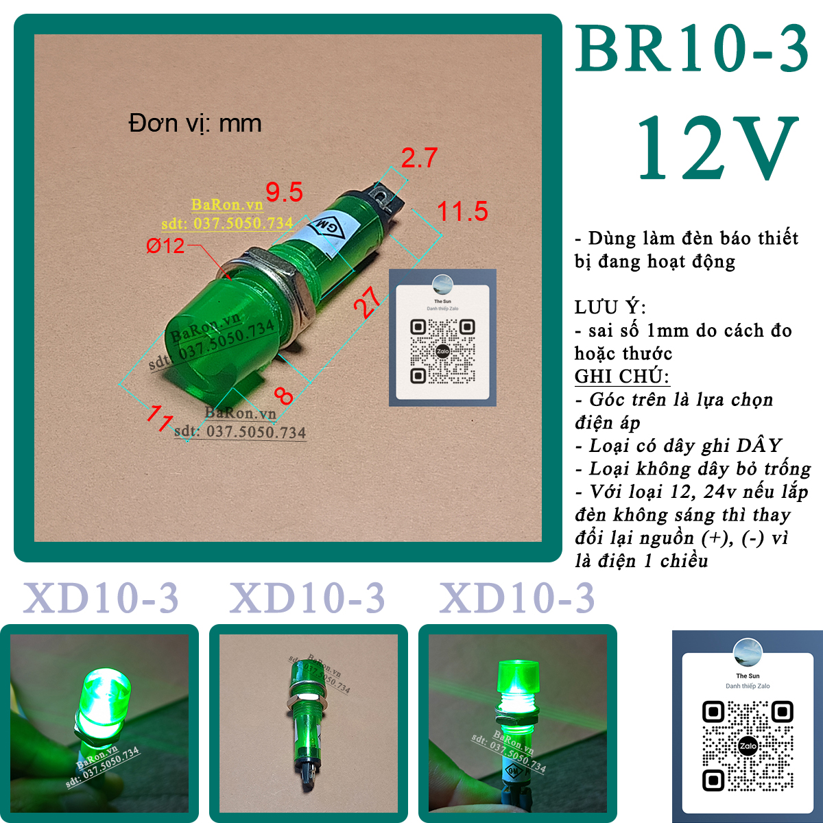 Đèn báo nguồn nhỏ XD10 phi 10mm 12v 24v 220v