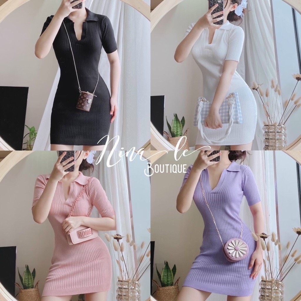 Váy Đầm Body Len Gân Cổ V Siêu Xinh (VIDEO, ẢNH THẬT)