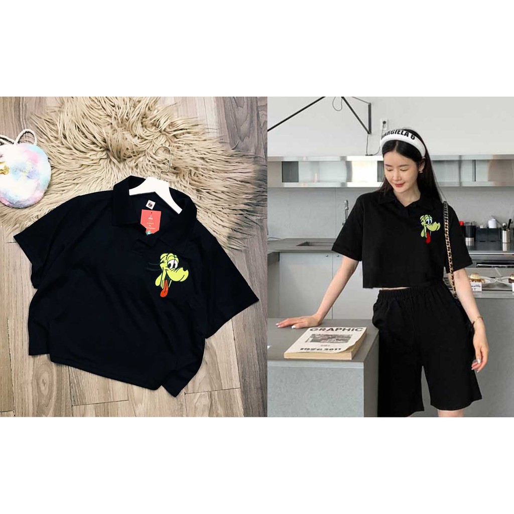 Áo Thun Croptop Cổ Bẻ Sticker Bigsize
