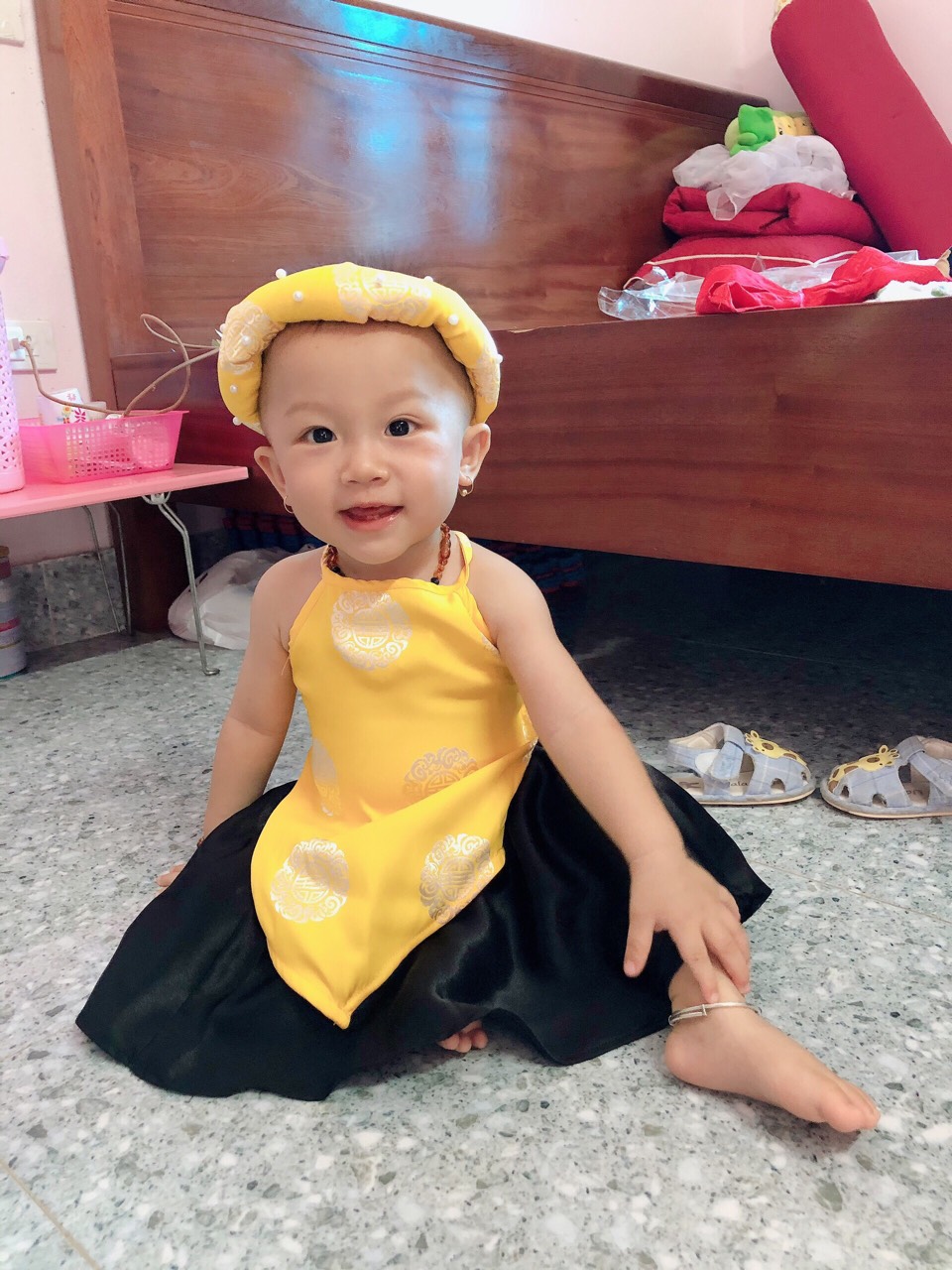 Baby Girl's Bib and Dress Set (with a Pearl Headband Included)