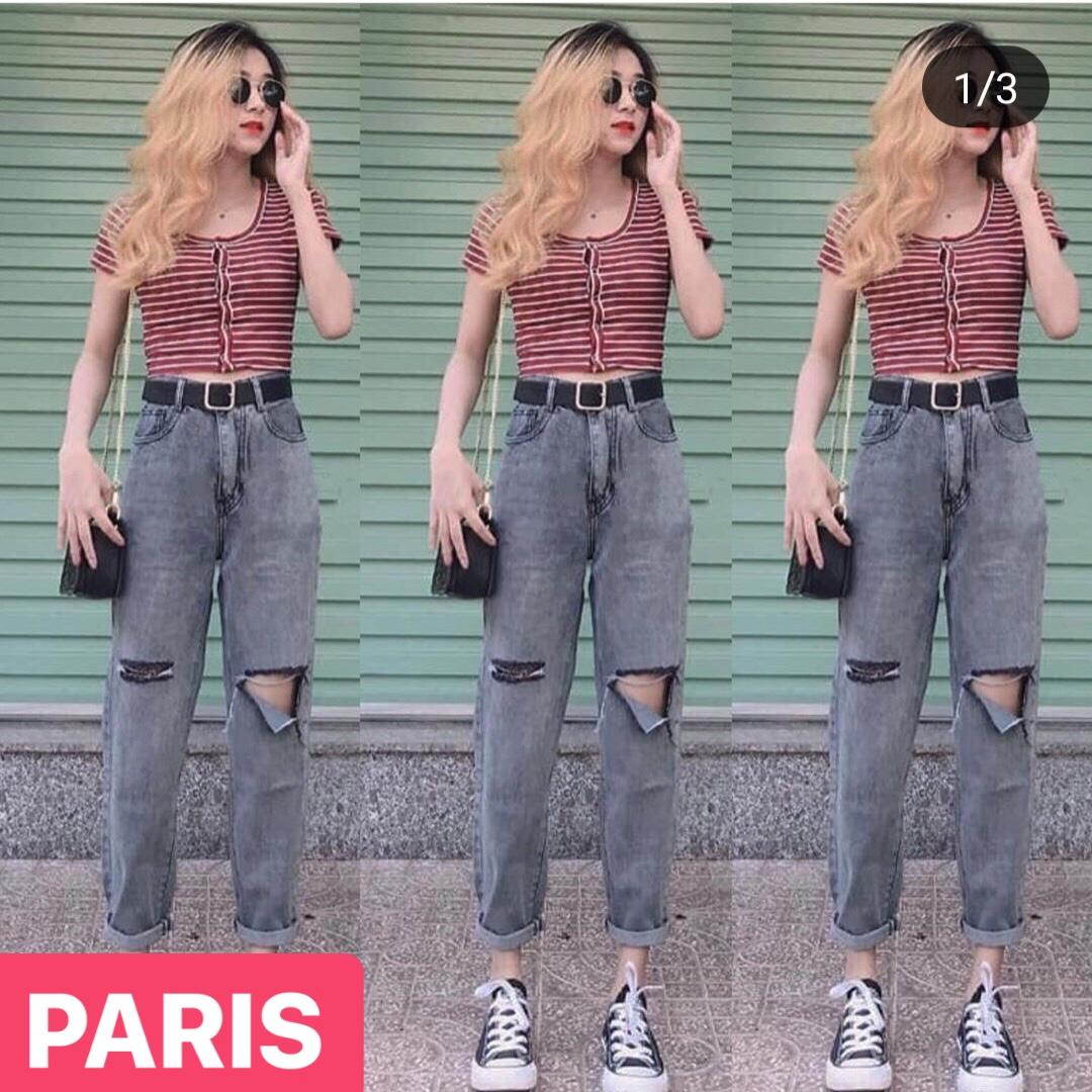 QUẦN BAGGY JEAN NỮ CHẤT BÒ XÁM RÁCH GỐI LƯNG CAO NÂNG MÔNG HÀN QUỐC ULZZANG PR-21 CAO CẤP - PARIS FASHION