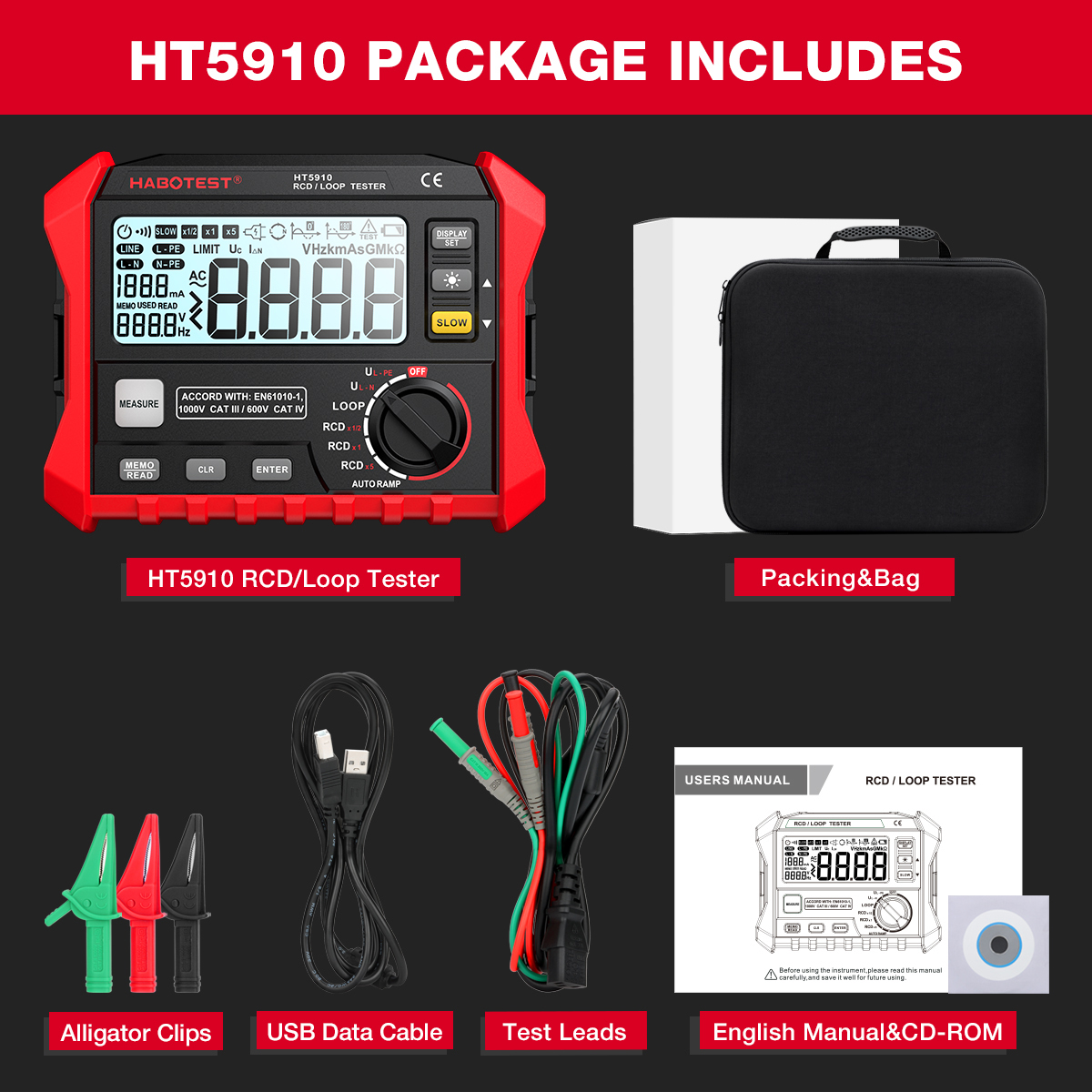 【Ship from Binh Duong】HABOTEST HT5910 Digital RCD/Loop Tester 4.7-inch LCD Resistance Meter Leakage Switch Tester 1000 Data Storage Voltmeter
