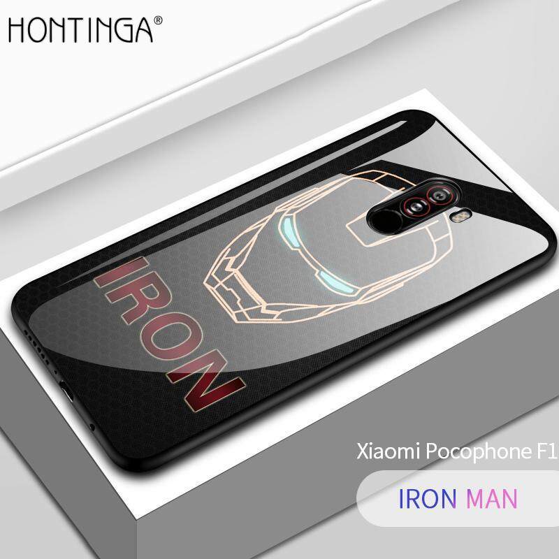 Hontinga For Xiaomi Mi Pocophone F1 case Marvel Avengers Superhero Ironman Spiderman Shockproof Phone Case Back Glass Cover TPU Protective Casing cover