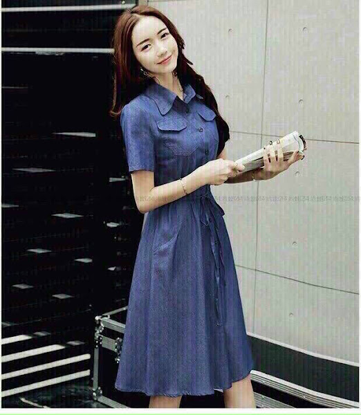 [Hcm]Drawing Waist Jean Dress with Drawing Straps
