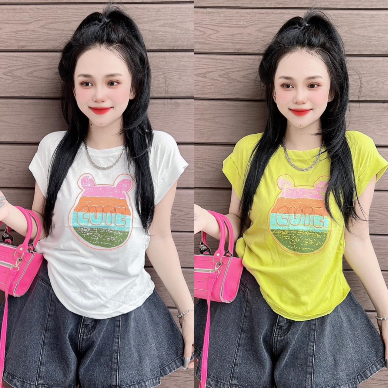Áo thun Thái nữ dáng vừa phối chữ ( Mã CUTE phom vừa )