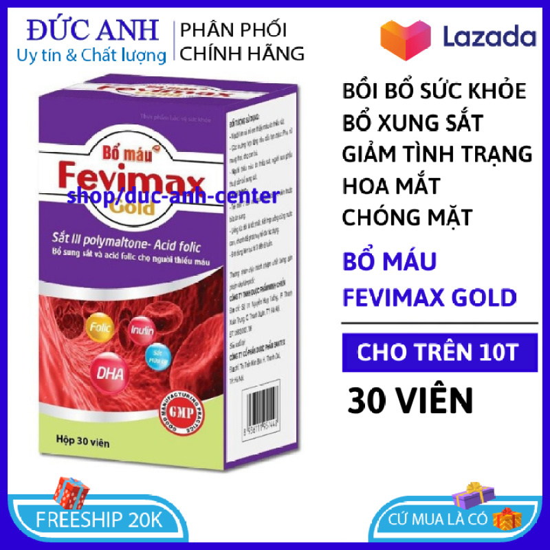 Viên uống Bổ máu Fevimax Gold bổ sung Sắt, Acid Folic cho người thiếu máu não, phụ nữ mang thai và cho con bú Chai 30v nhập khẩu