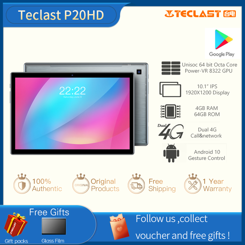 【Factory Delivery】Teclast P20HD 10.1 Inch 4GB RAM 64GB ROM Tablet Android 10.0 OS 4G Phone Call FHD Screen 1920×1200 Bluetooth 5.0 SC9863A Octa Core 6000mAh Battery Tablets PC Dual Wifi