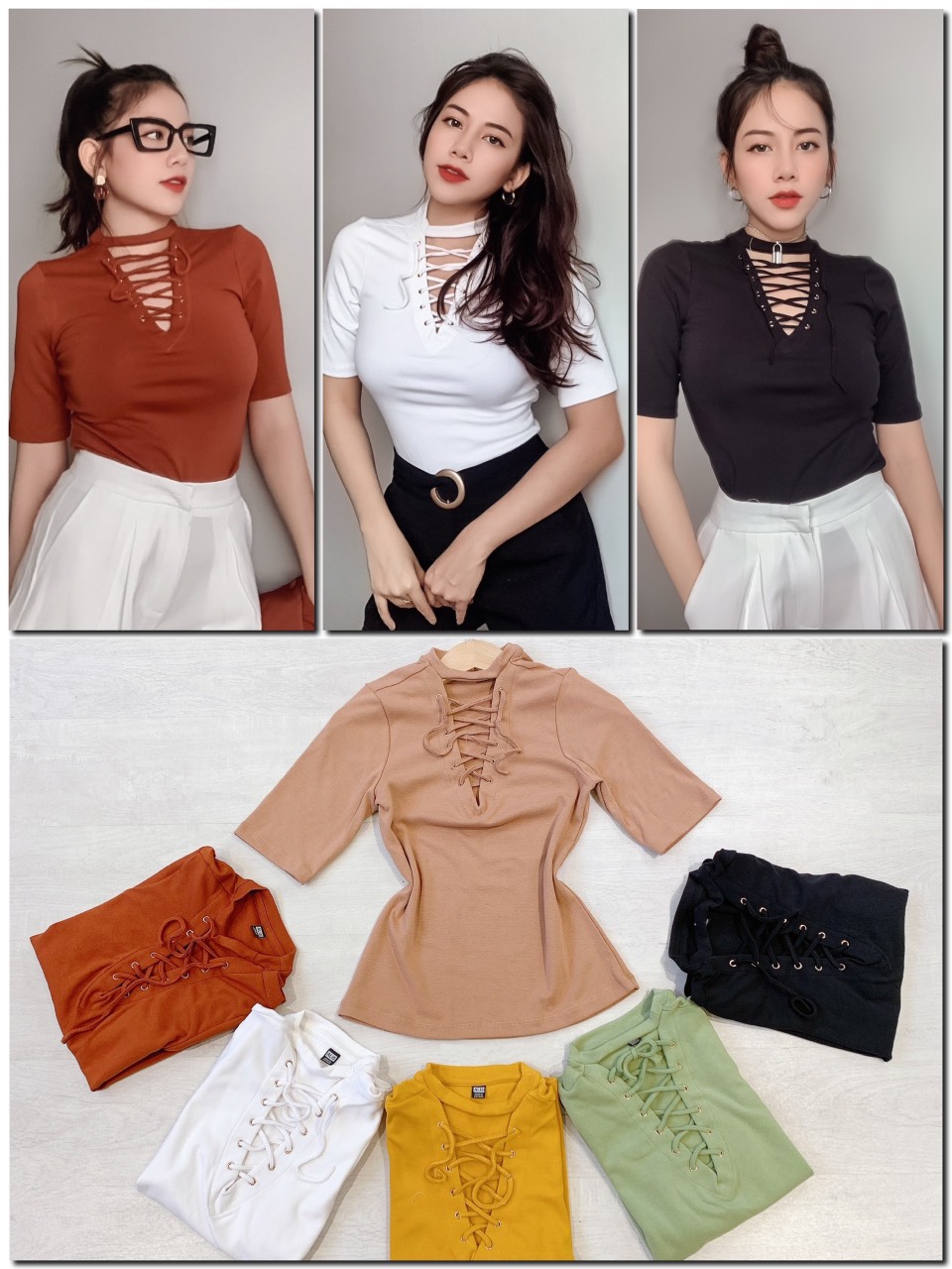Áo thun cổ lọ đan dây ngực form ôm body siêu đẹp