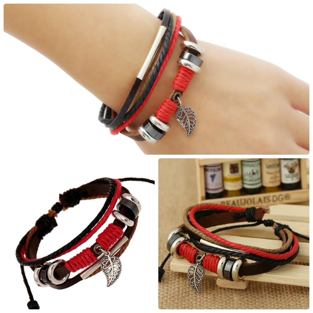 [HCM]Vòng Đeo Tay Nam Da Hình Chiếc Lá Màu Đỏ  May Mắn  VTCHIECLADO01