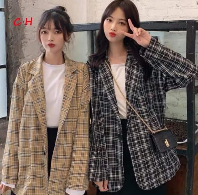 Áo Vest  Blazer  Nữ Kẻ Caro Uzzllang Hàn Quốc