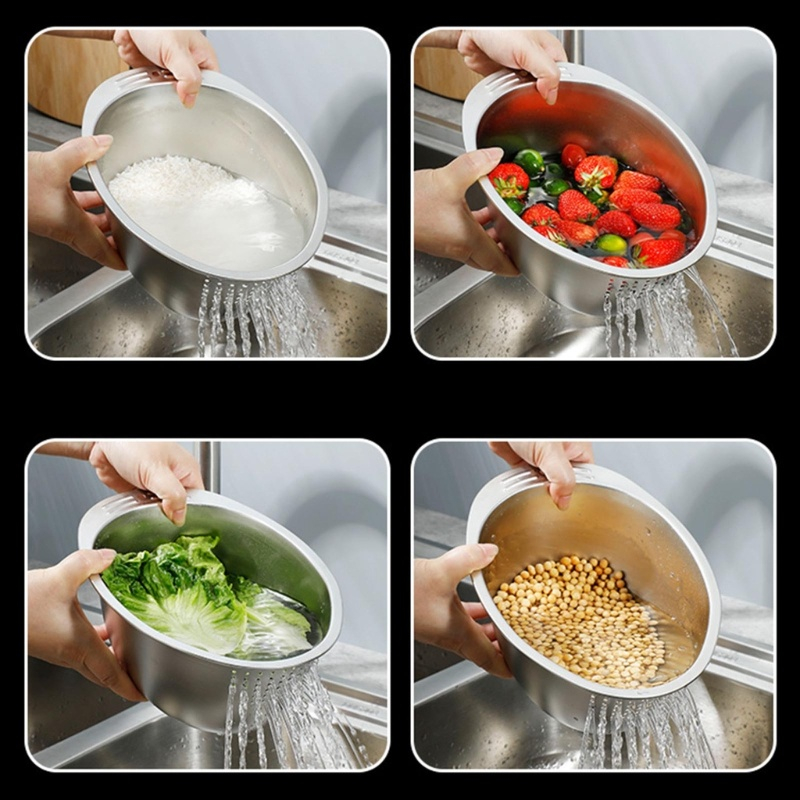 Rổ vo gạo / rổ rửa trái cây / rau củ đa năng có lỗ thoát nước bằng inox