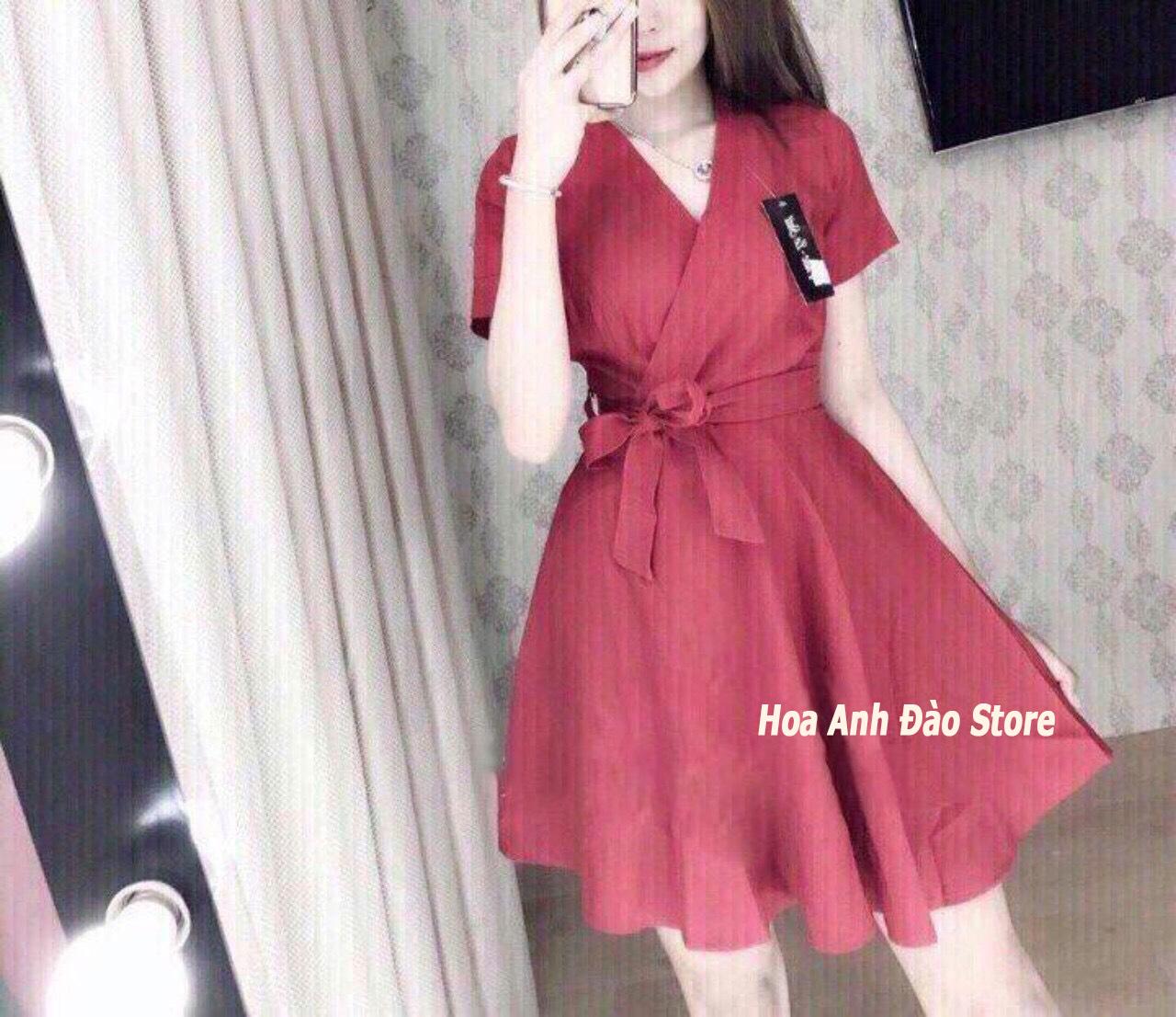 [HCM][ Đầm Đẹp ] Đầm Xòe Cổ Chéo Cột Nơ Eo Thời Trang Hoa Anh Đào
