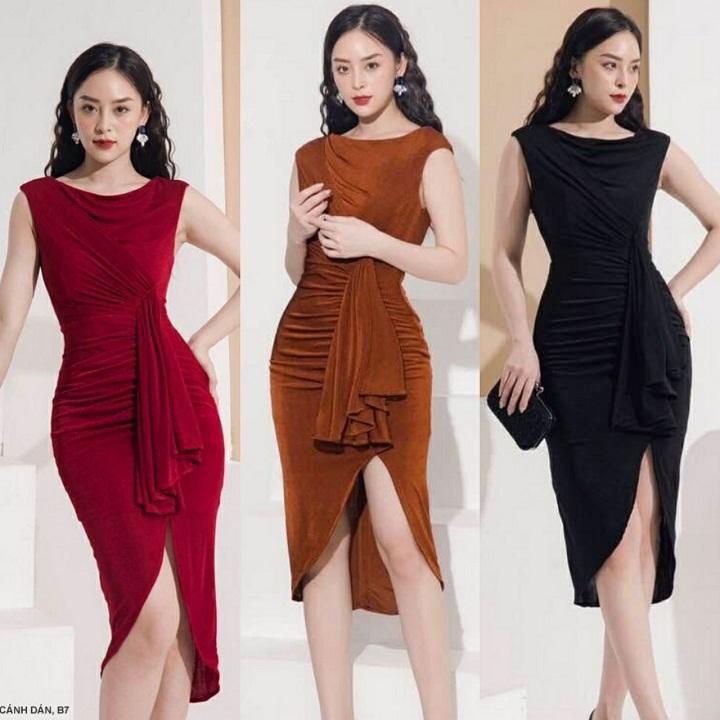 ĐẦM ÔM CỔ THUYỀN EO THẮT NƠ LAI XẺ BÚP SEN