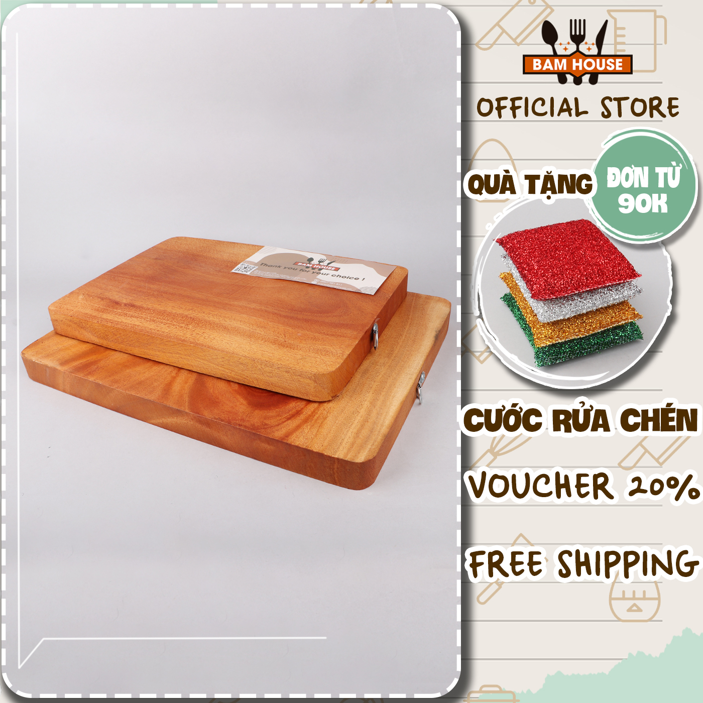 Thớt gỗ hình chữ nhật Bam House chất gỗ xà cừ dày 2