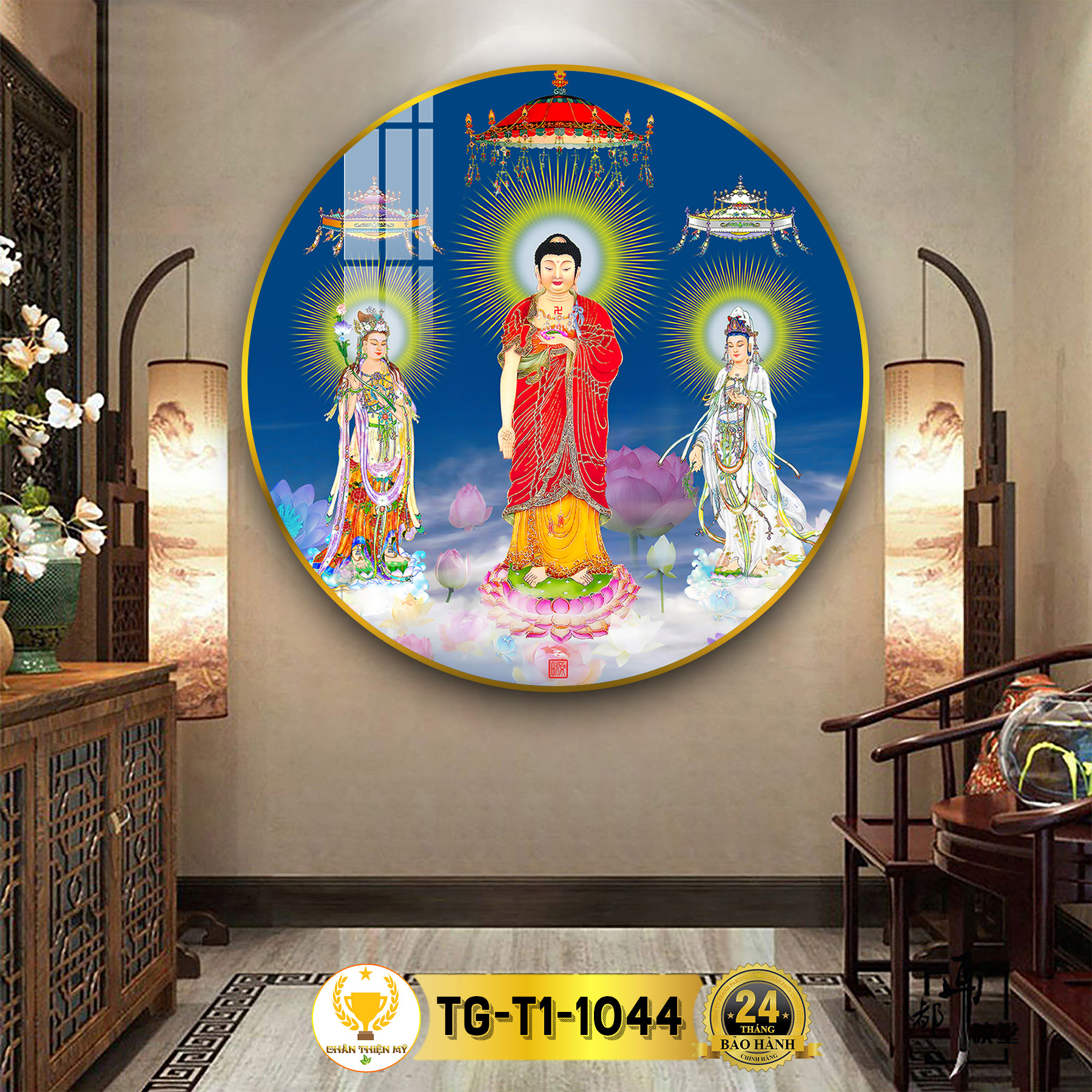 Tranh tráng gương pha lê tròn chân thiện mỹ, tranh phật treo tường tam thế phật ctg-t1-15