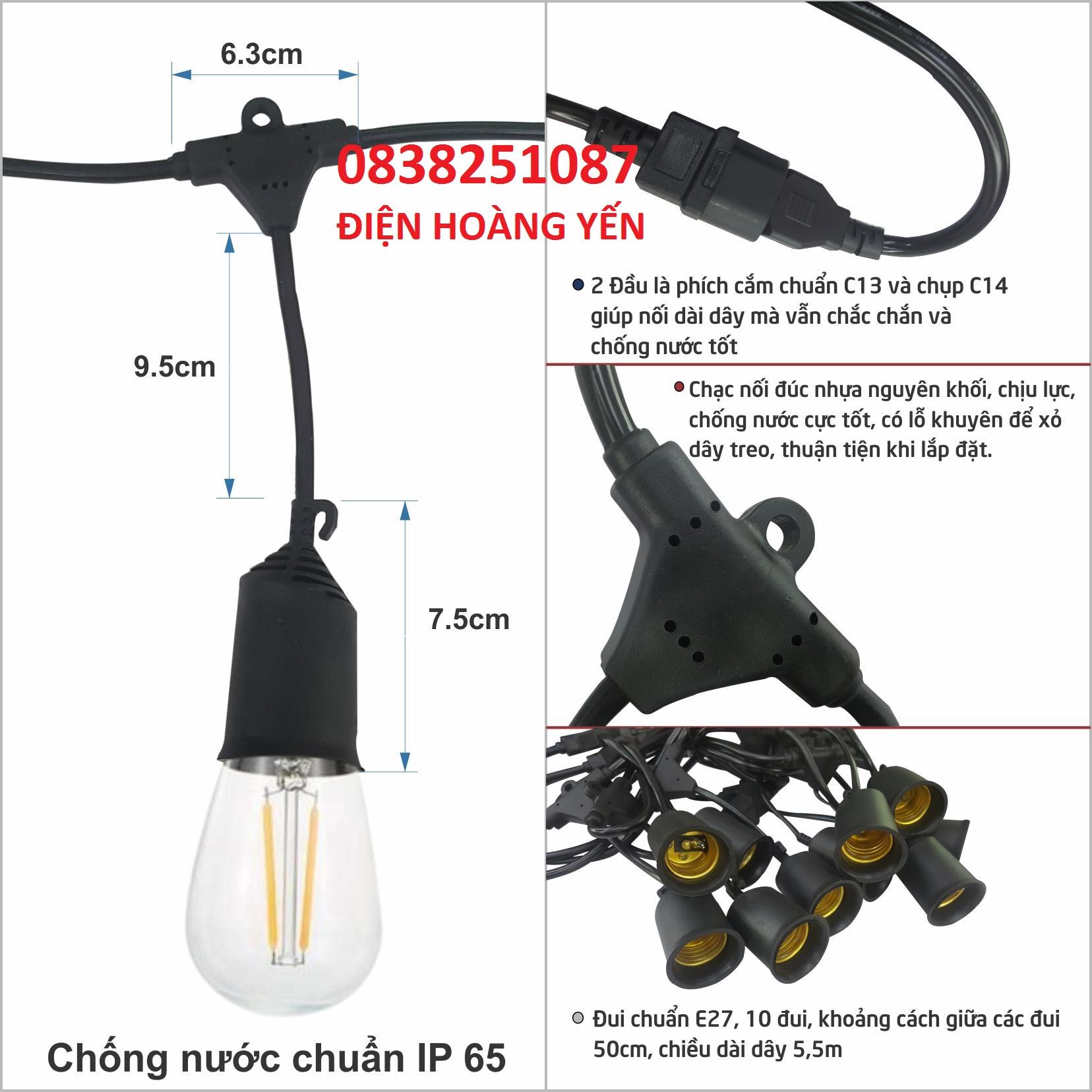 [HCM]Bộ dây treo kín nước dài 10m 20 đuôi đèn e27